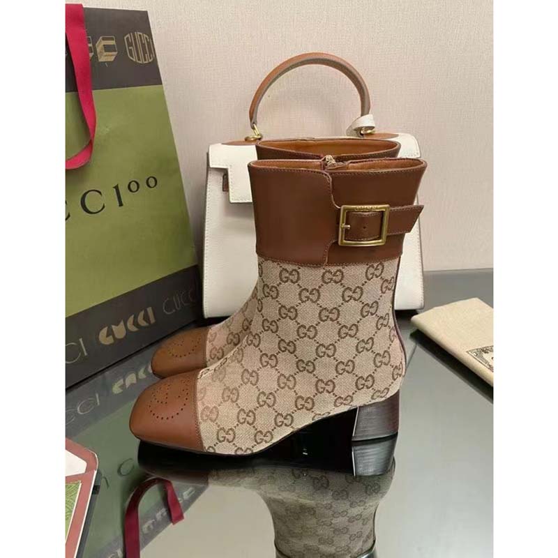 G*u*i women’s gg canvas ankle boot beige ebony canvas leather low 4 cm heel