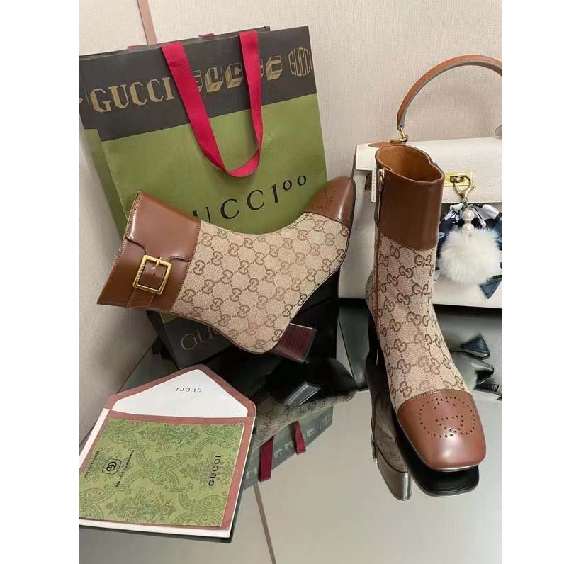 G*u*i women’s gg canvas ankle boot beige ebony canvas leather low 4 cm heel
