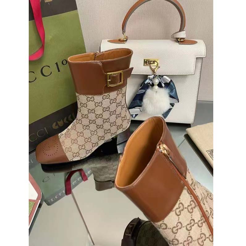 G*u*i women’s gg canvas ankle boot beige ebony canvas leather low 4 cm heel