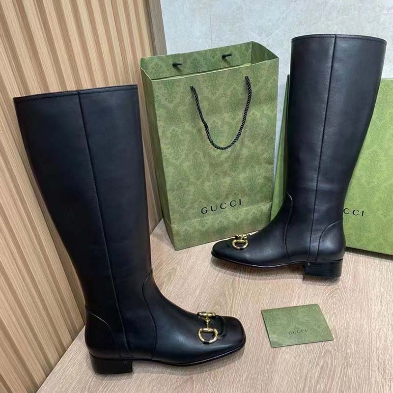 G*u*i women’s gg knee-high boot horsebit black rubber sole low 4 cm heel