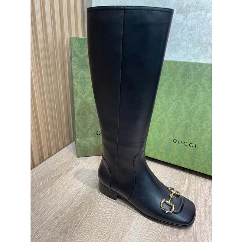 G*u*i women’s gg knee-high boot horsebit black rubber sole low 4 cm heel