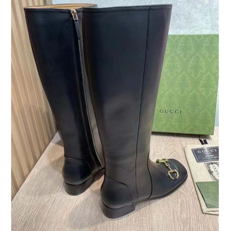 G*u*i women’s gg knee-high boot horsebit black rubber sole low 4 cm heel