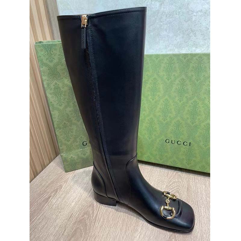 G*u*i women’s gg knee-high boot horsebit black rubber sole low 4 cm heel