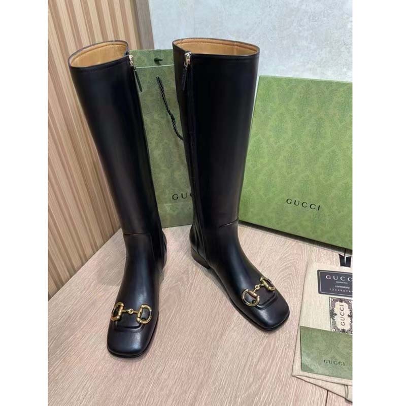 G*u*i women’s gg knee-high boot horsebit black rubber sole low 4 cm heel