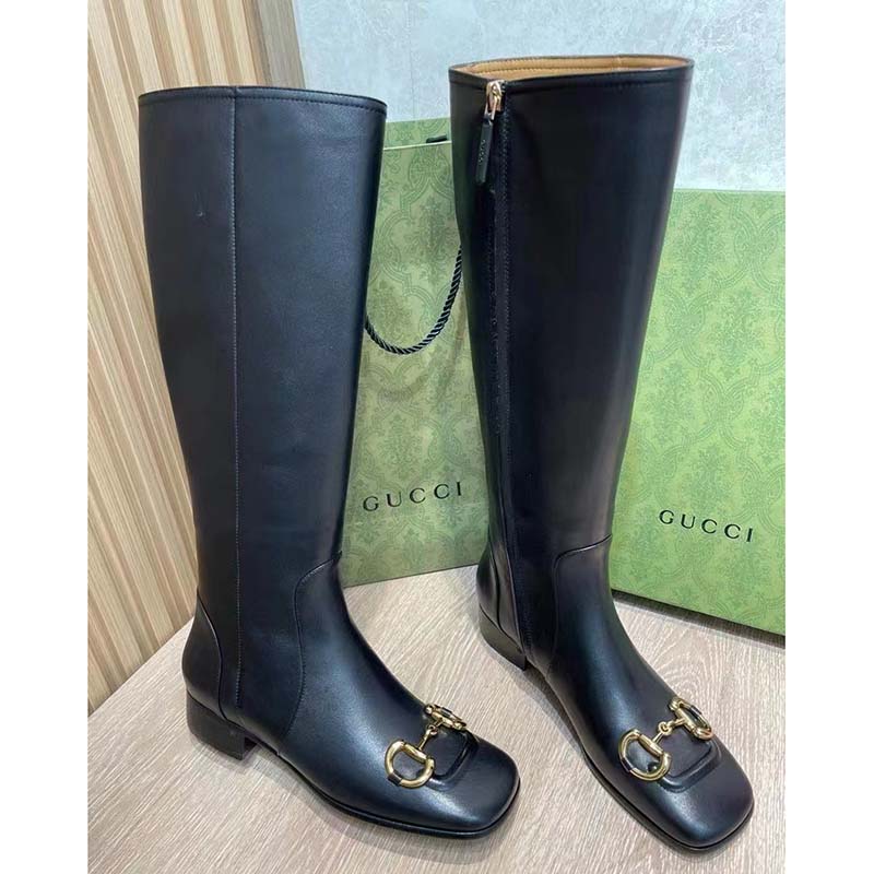 G*u*i women’s gg knee-high boot horsebit black rubber sole low 4 cm heel