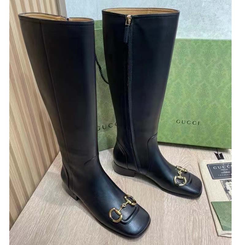 G*u*i women’s gg knee-high boot horsebit black rubber sole low 4 cm heel