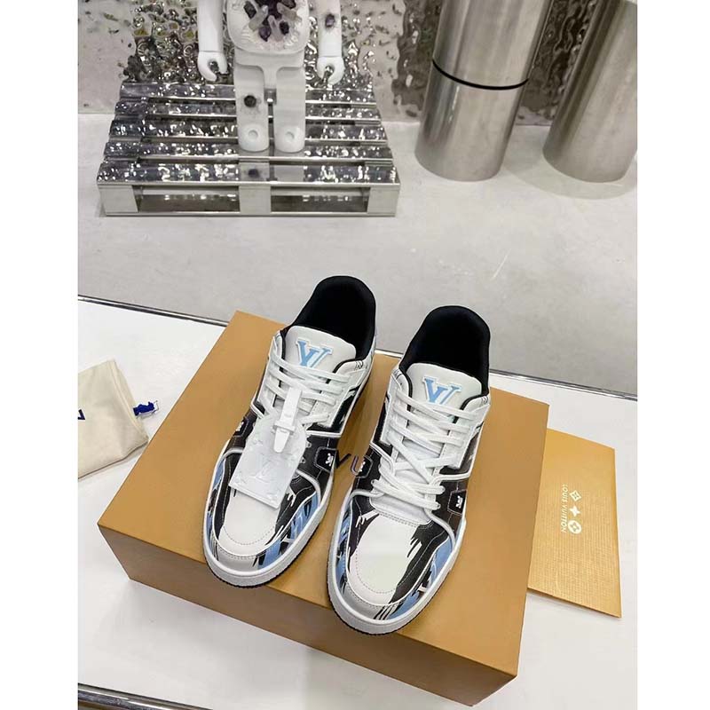 Louis Vuitton Unisex LV Trainer Sneaker Black Printed Calf Leather Rubber Monogram Flowers