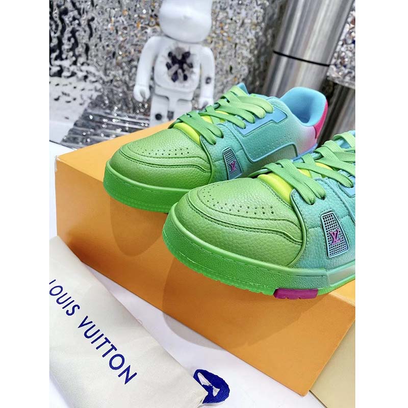 Louis Vuitton Unisex LV Trainer Sneaker Green Grained Calf Leather Rubber Monogram Flowers