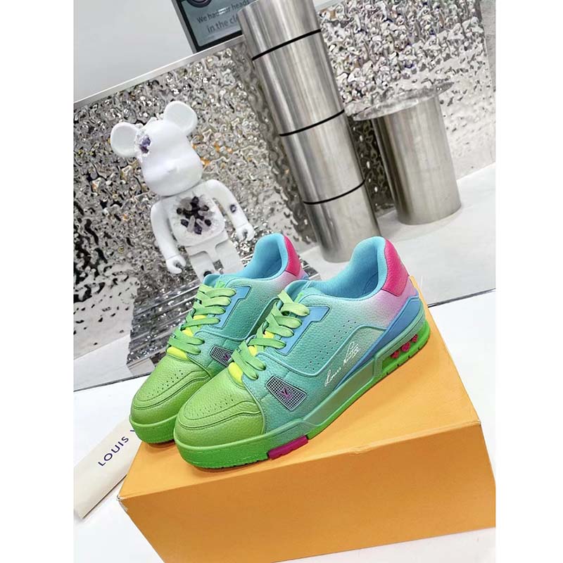 Louis Vuitton Unisex LV Trainer Sneaker Green Grained Calf Leather Rubber Monogram Flowers