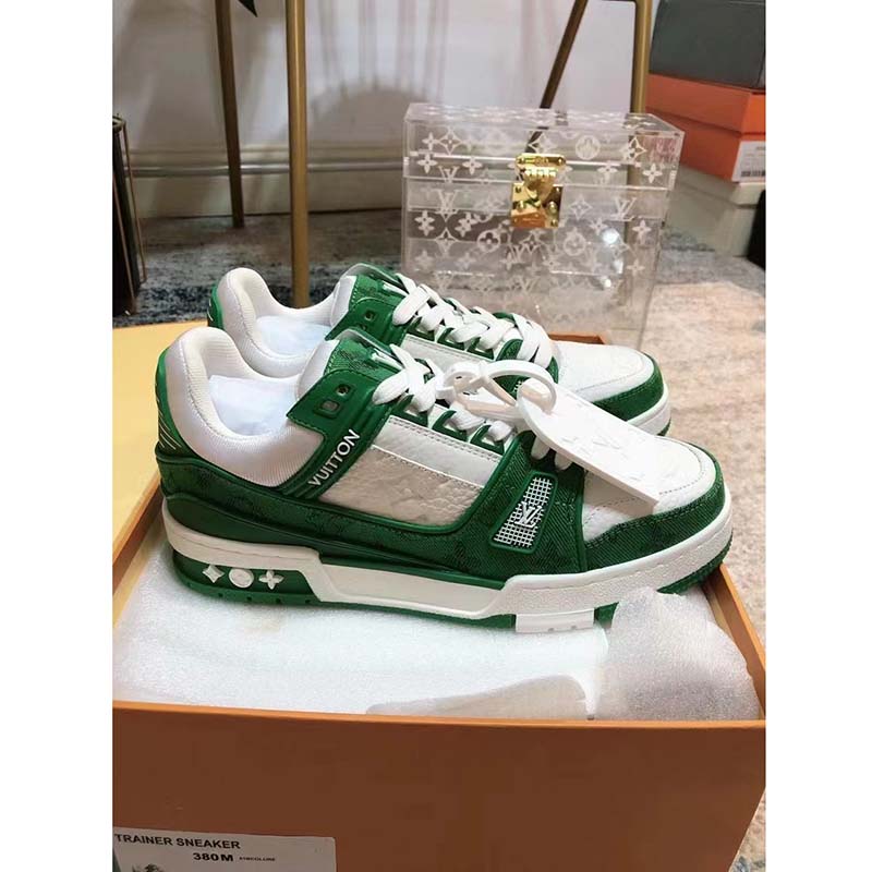 Louis Vuitton Unisex LV Trainer Sneaker Green Monogram Denim Embossed Grained Calf Leather