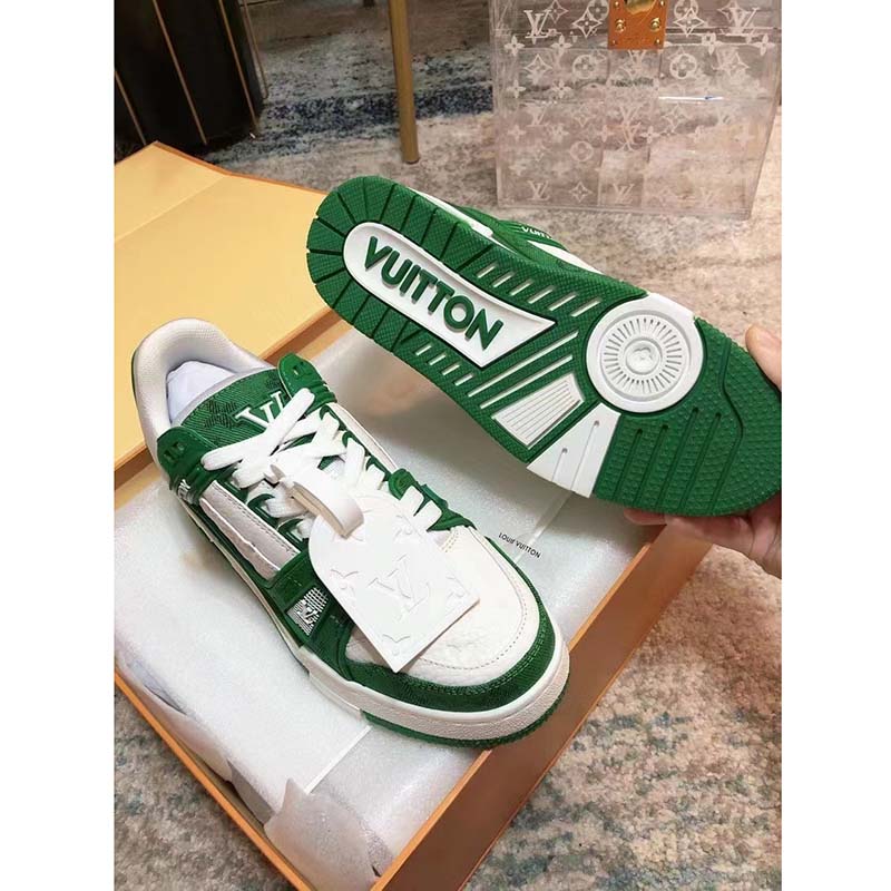 Louis Vuitton Unisex LV Trainer Sneaker Green Monogram Denim Embossed Grained Calf Leather