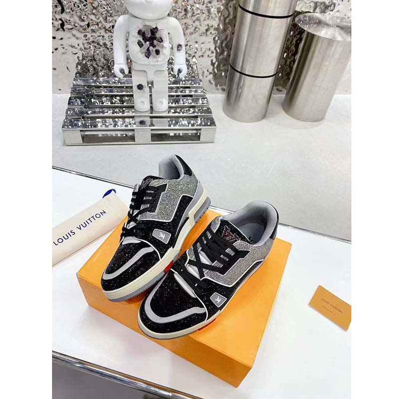 Louis Vuitton Unisex Trainer Sneaker Black Strass Rubber Outsole LV Initials Monogram Flowers