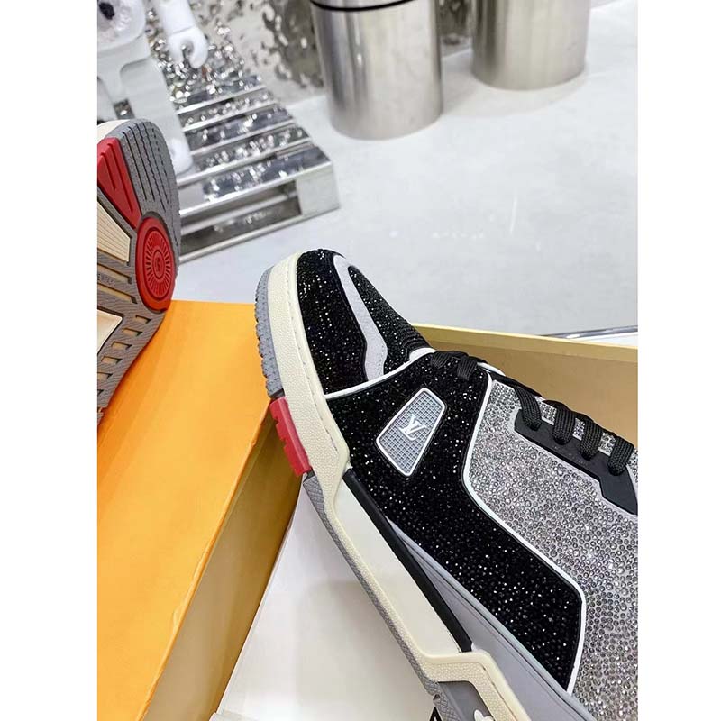 Louis Vuitton Unisex Trainer Sneaker Black Strass Rubber Outsole LV Initials Monogram Flowers