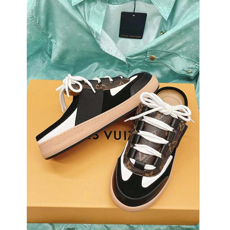 Louis Vuitton Women LV Lous Open-Back Sneaker Black Suede Calf Leather Double Laces