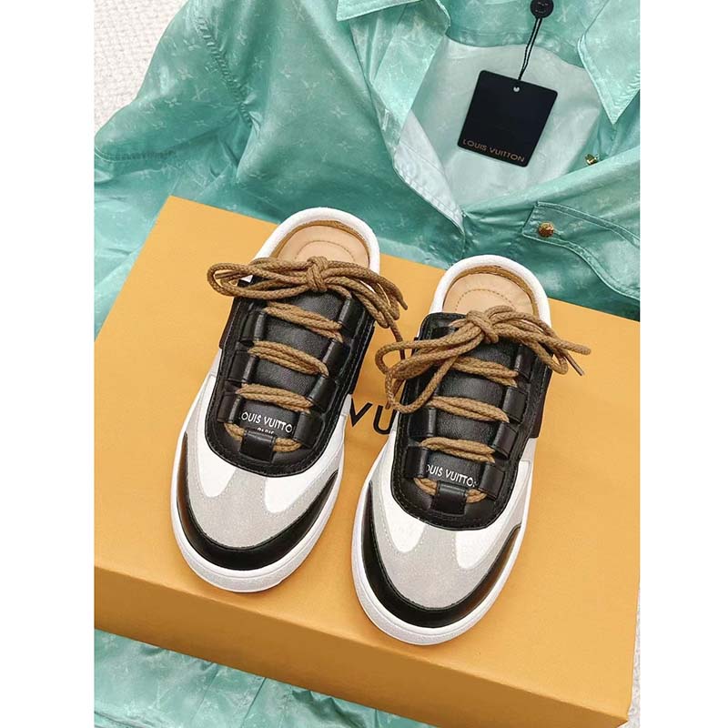 Louis Vuitton Women LV Lous Open-Back Sneaker Light Gray Suede Calf Leather Double Laces