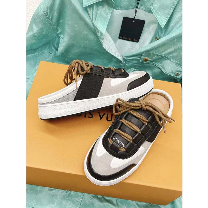 Louis Vuitton Women LV Lous Open-Back Sneaker Light Gray Suede Calf Leather Double Laces
