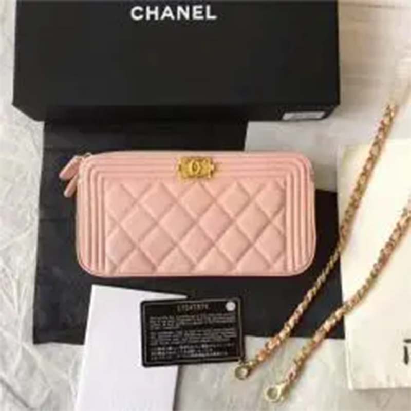 Chanel Women Boy Chanel Pink Long Zipped Wallet Grained Calfskin Leather