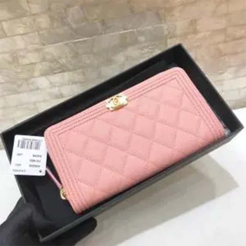 Chanel Women Boy Chanel Pink Long Zipped Wallet Grained Calfskin Leather