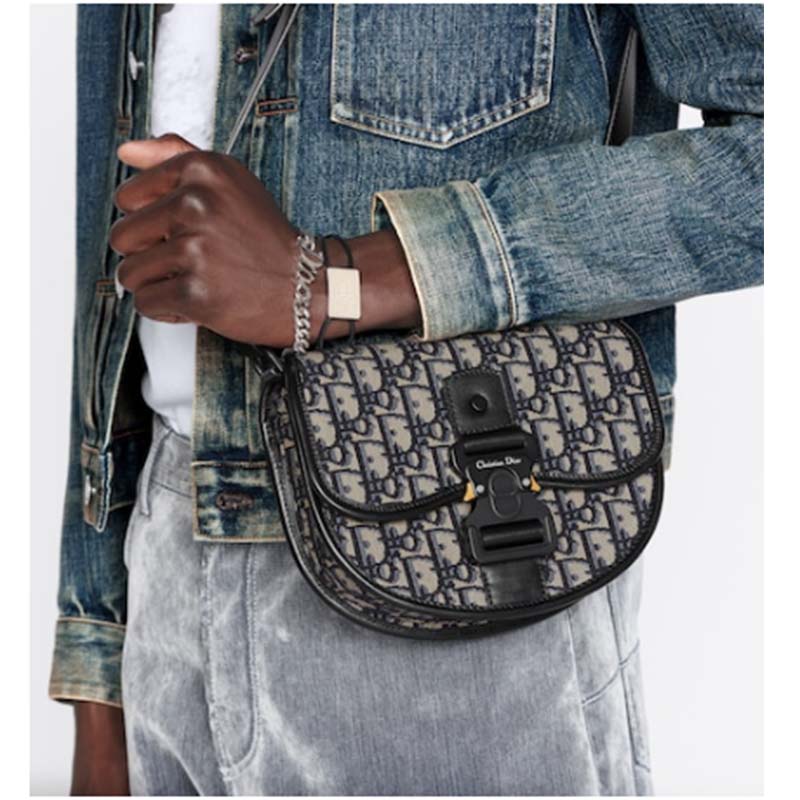 Dior Unisex CD Mini Gallop Bag Strap Beige Black Oblique Jacquard Grained Calfskin