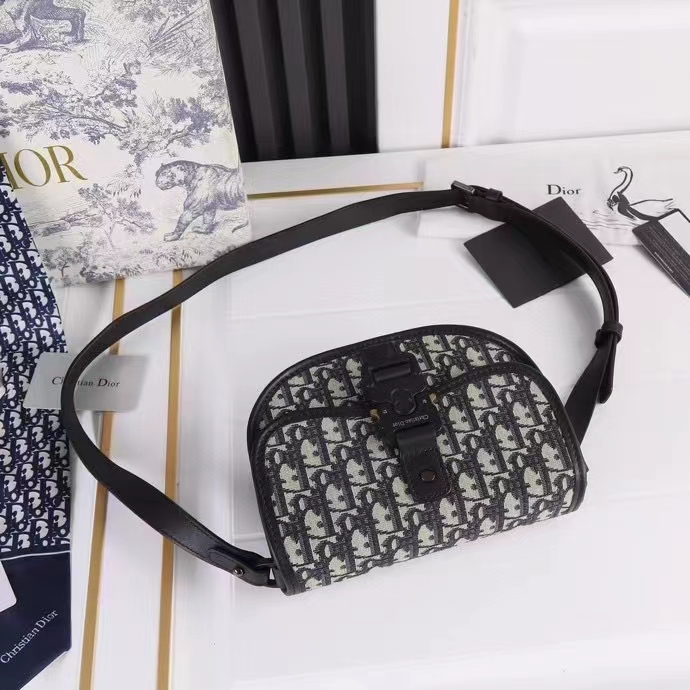 Dior Unisex CD Mini Gallop Bag Strap Beige Black Oblique Jacquard Grained Calfskin
