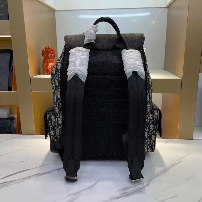 Dior Unisex CD Saddle Backpack Beige Black Dior Oblique Jacquard Grained Calfskin
