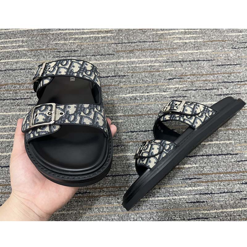 Dior Unisex CD Shoes Aqua Sandal Beige Black Dior Oblique Jacquard Black Calfskin