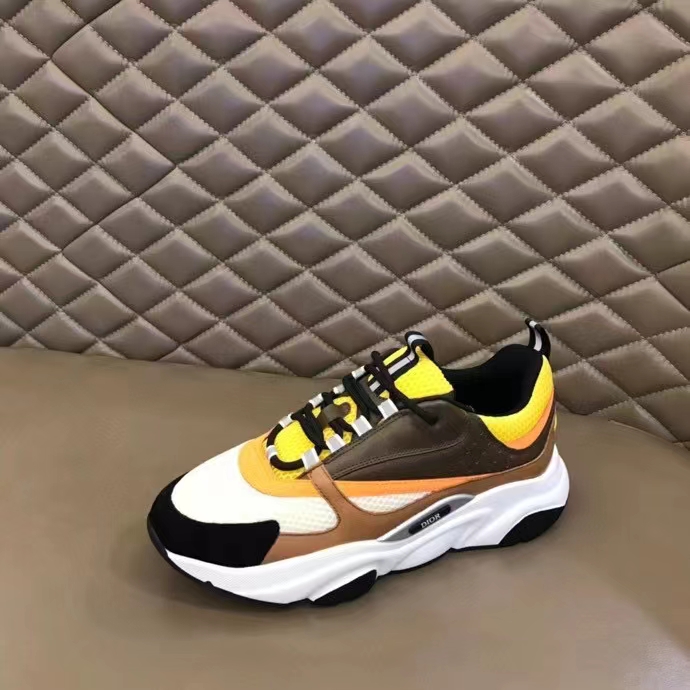 Dior Unisex Shoes CD B22 Sneaker Yellow White Technical Mesh Ebony Camel Smooth Calfskin
