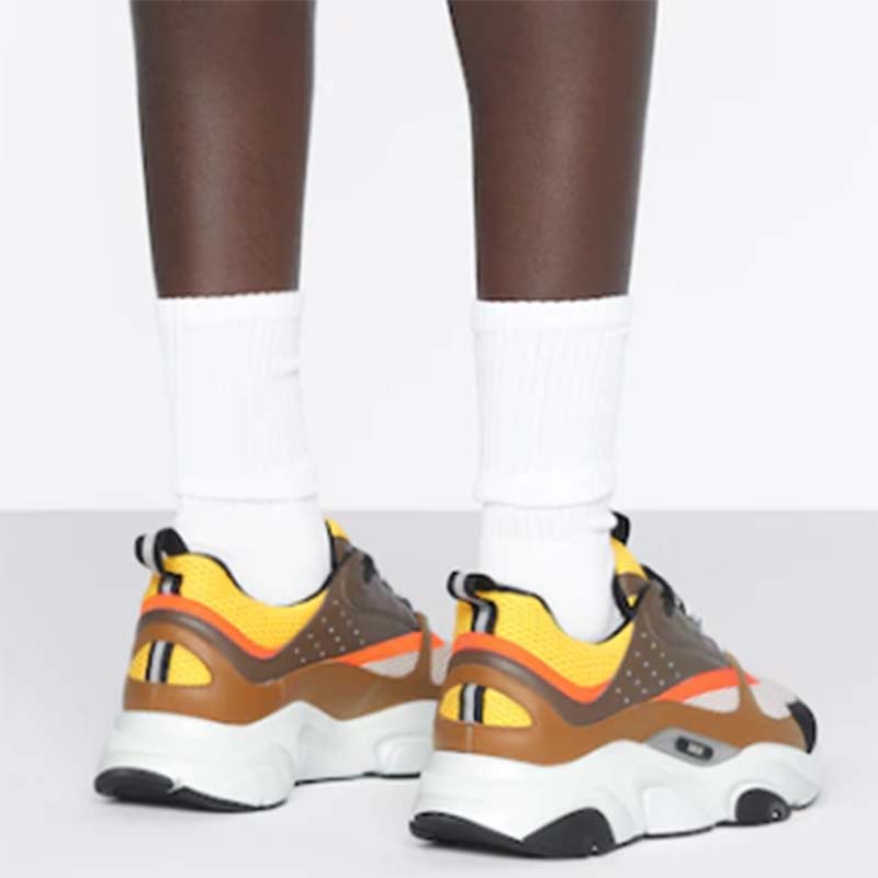 Dior Unisex Shoes CD B22 Sneaker Yellow White Technical Mesh Ebony Camel Smooth Calfskin
