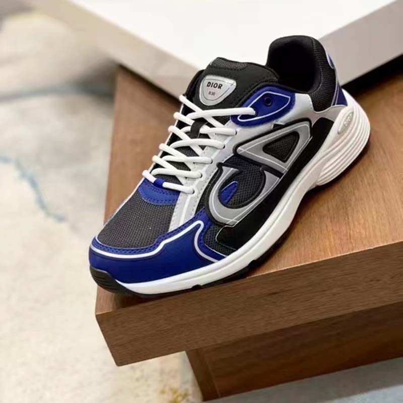 Dior Unisex Shoes CD B30 Sneaker Anthracite Gray Mesh Black Blue Technical Fabric