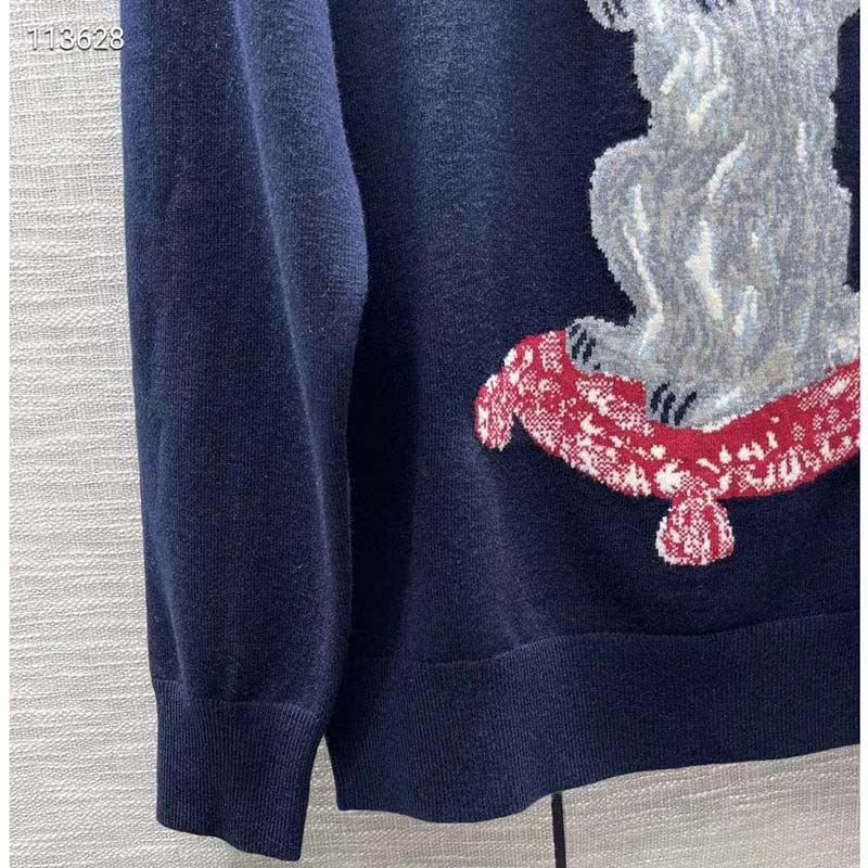 Dior Men CD Bobby Sweater Navy Blue Cashmere Jacquard Ribbed Round Collar