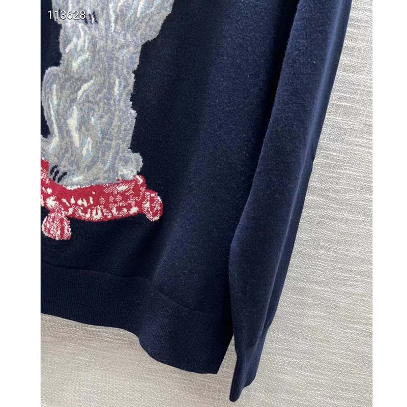 Dior Men CD Bobby Sweater Navy Blue Cashmere Jacquard Ribbed Round Collar