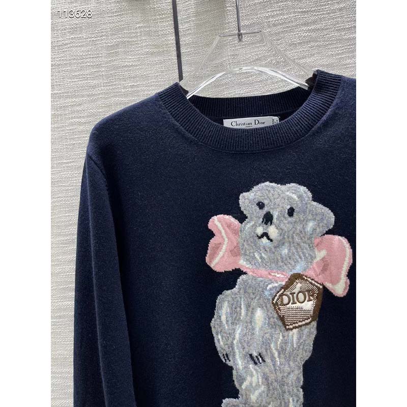 Dior Men CD Bobby Sweater Navy Blue Cashmere Jacquard Ribbed Round Collar