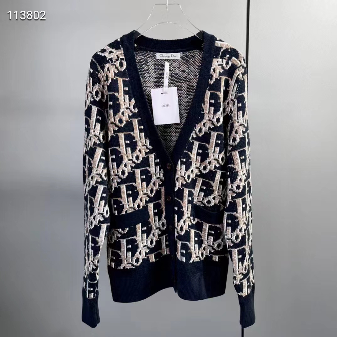 Dior Women CD Dior Oblique Cardigan Navy Blue Wool Jacquard