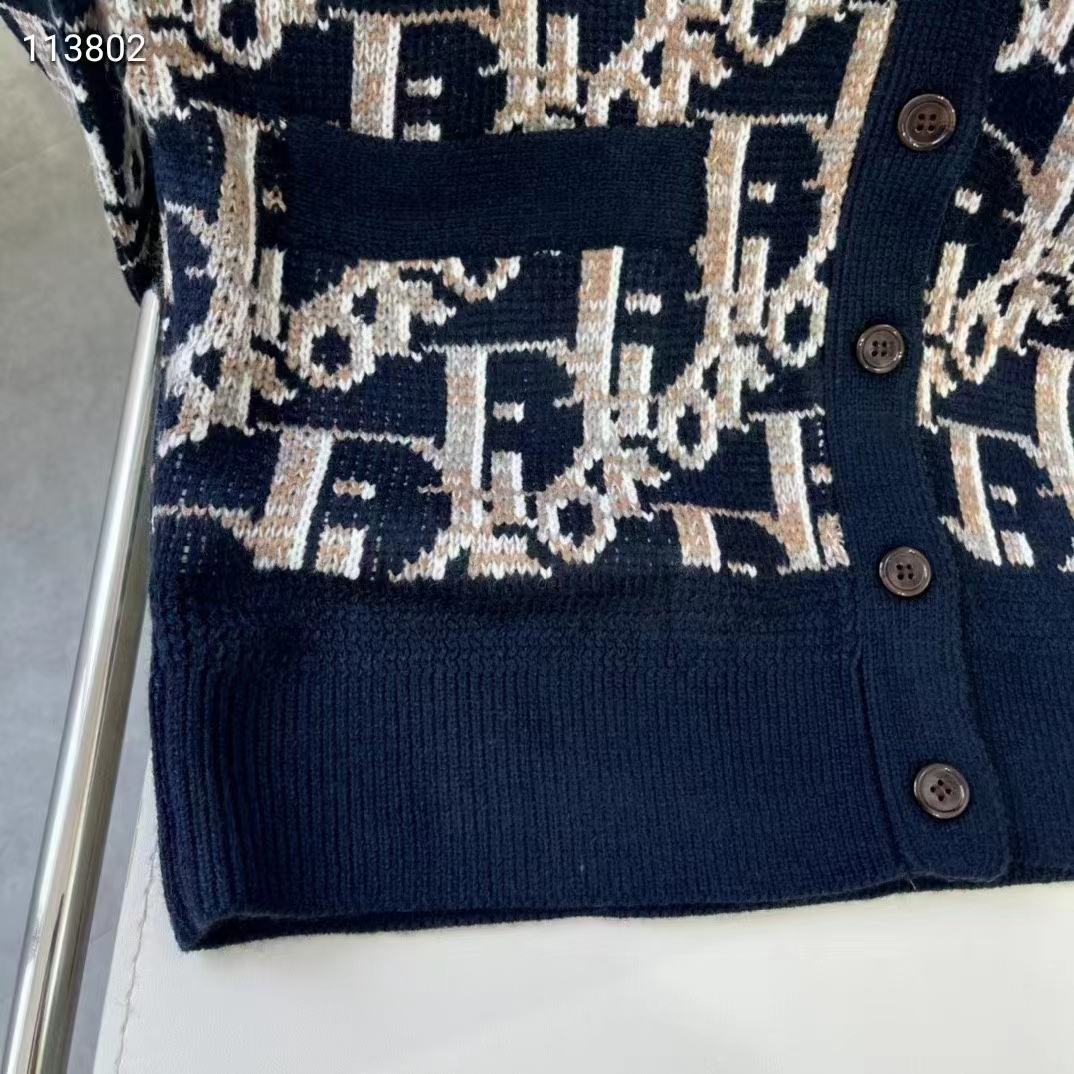 Dior Women CD Dior Oblique Cardigan Navy Blue Wool Jacquard