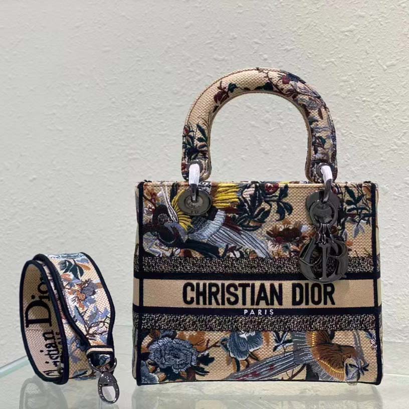 Dior Women CD Medium Lady D-Lite Bag Beige Multicolor Dior Jardin D’Hiver Embroidery
