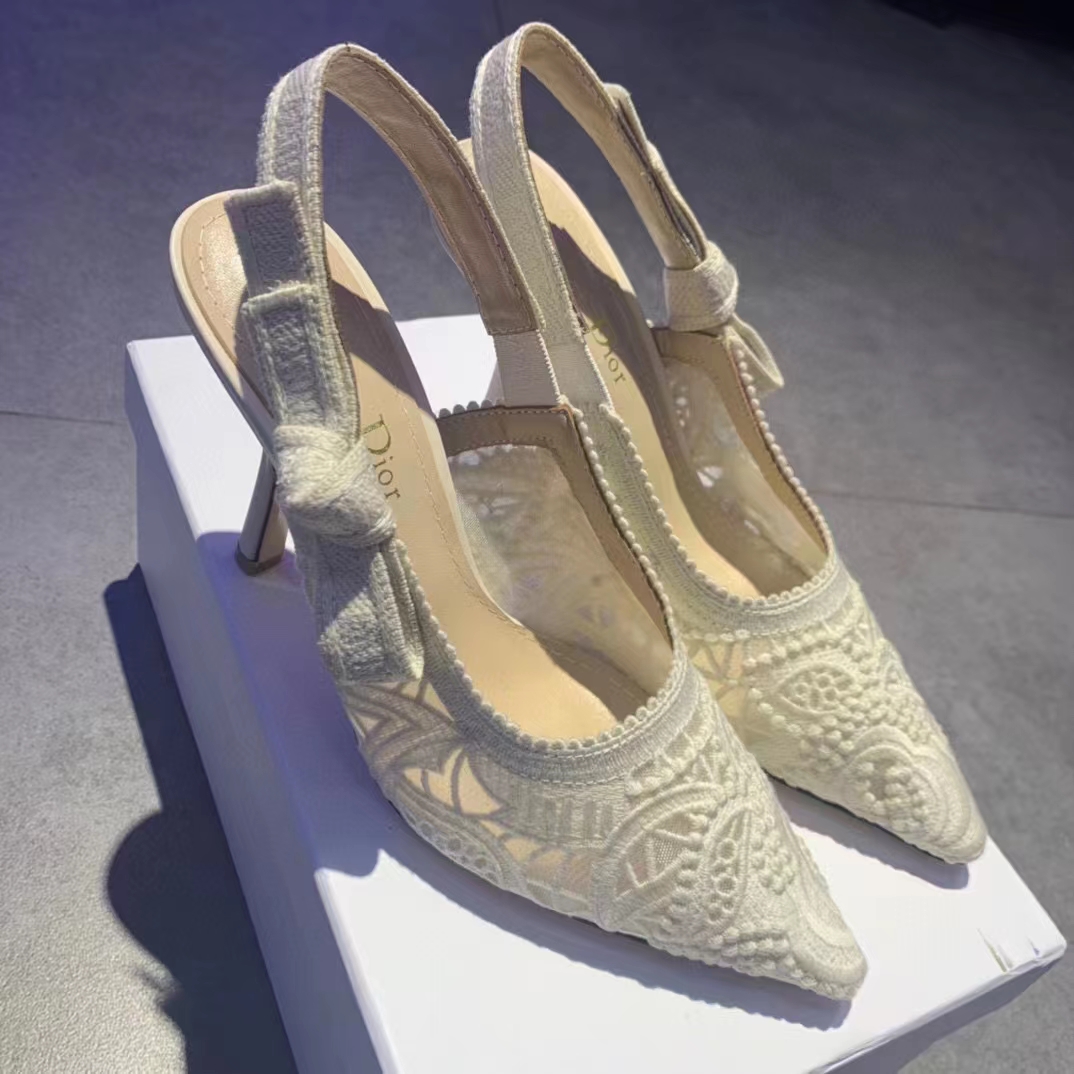 Dior Women J’Adior Slingback Pump White Macramé Embroidered Cotton
