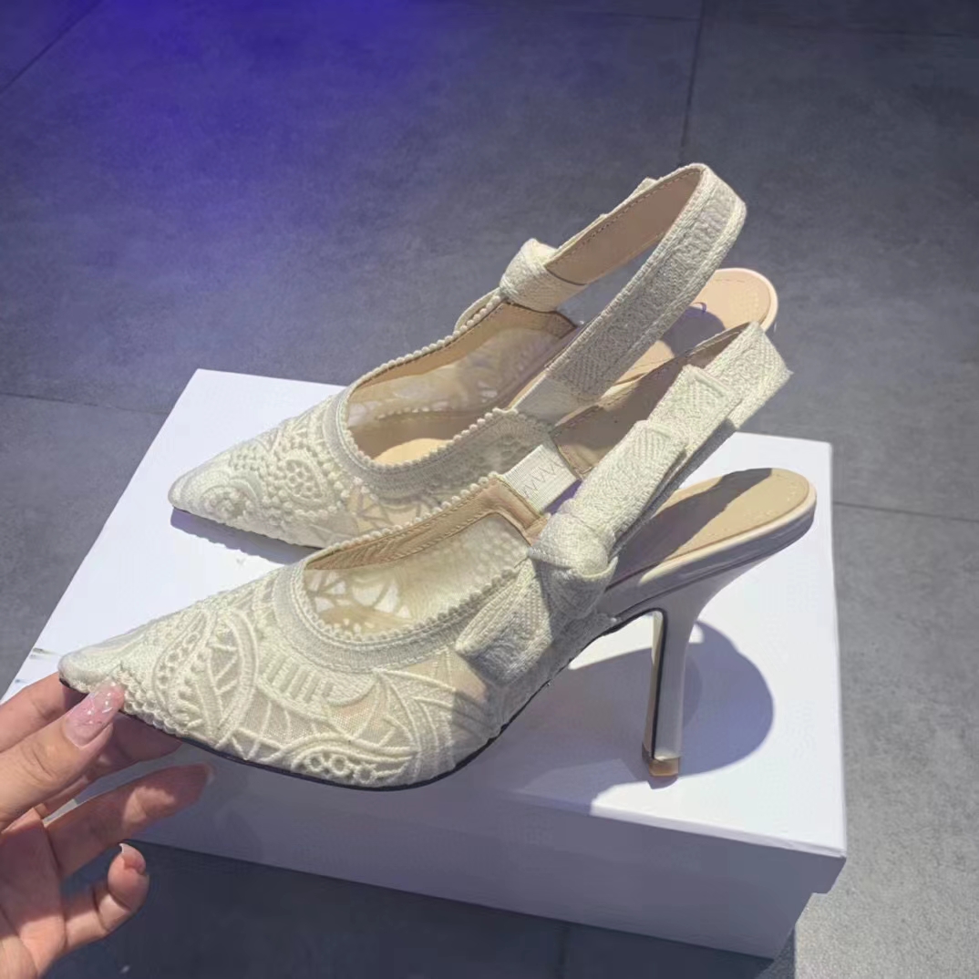 Dior Women J’Adior Slingback Pump White Macramé Embroidered Cotton