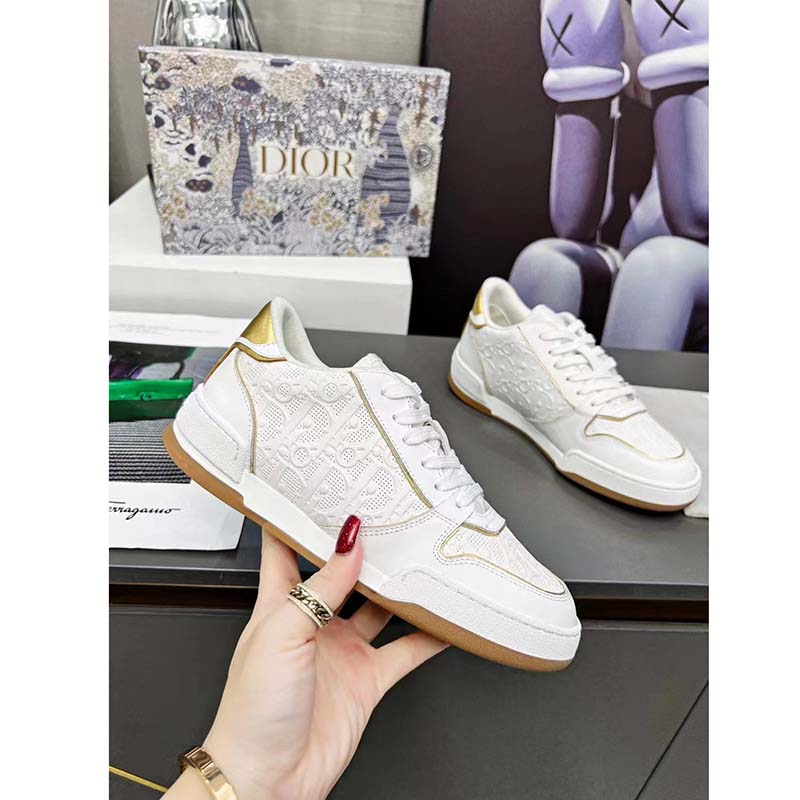 Dior Women One Sneaker White Gold-Tone Oblique Perforated Calfskin