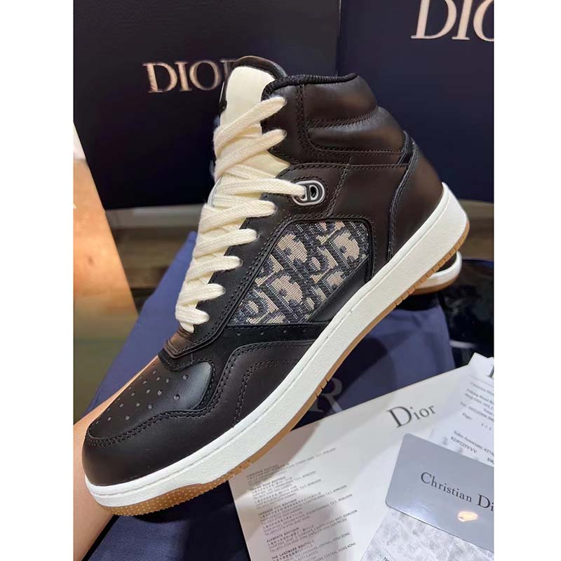 Dior Unisex Shoes CD B27 High-Top Sneaker Black Smooth Calfskin Beige Oblique Jacquard