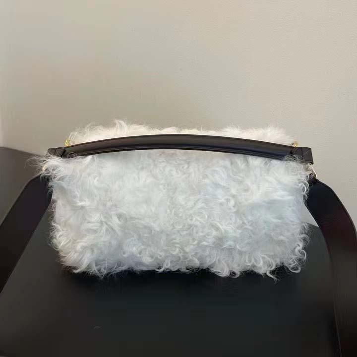 Fendi Women FF Baguette Brooch White Mohair Wool Bag