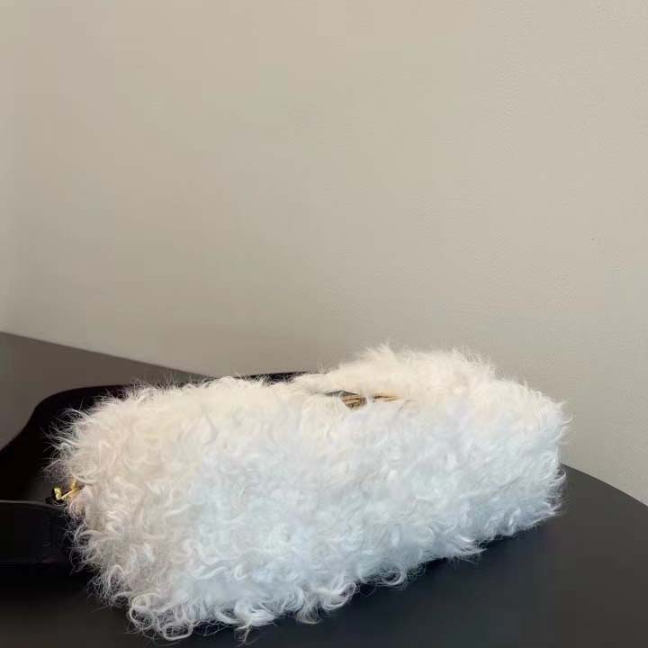 Fendi Women FF Baguette Brooch White Mohair Wool Bag