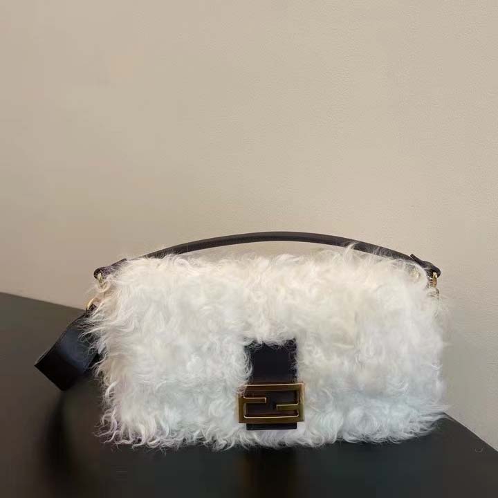 Fendi Women FF Baguette Brooch White Mohair Wool Bag