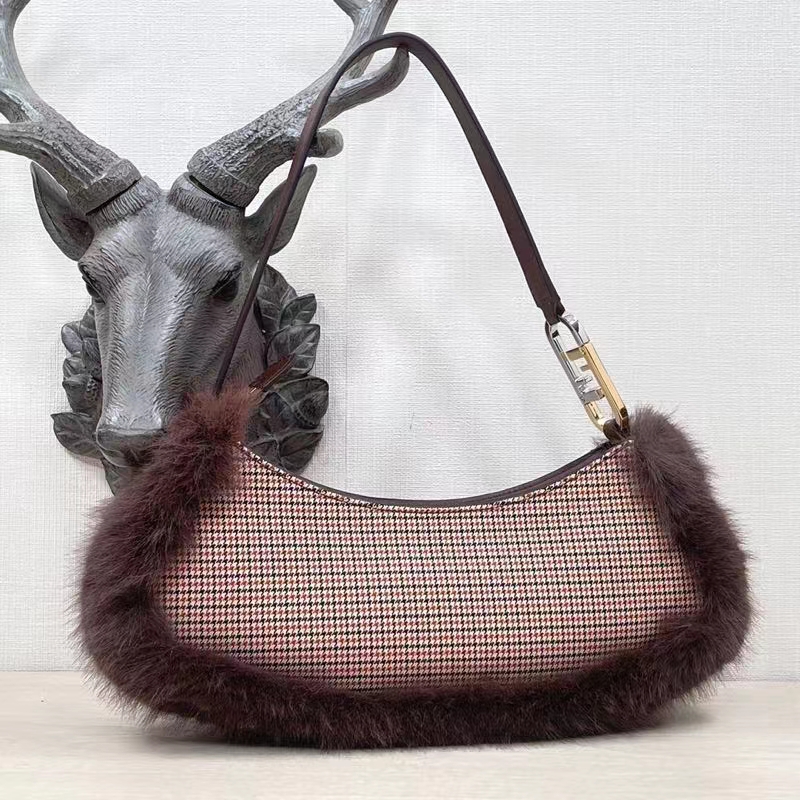 Fendi Women FF O’Lock Swing Brown Houndstooth Wool Fox Fur Pouch