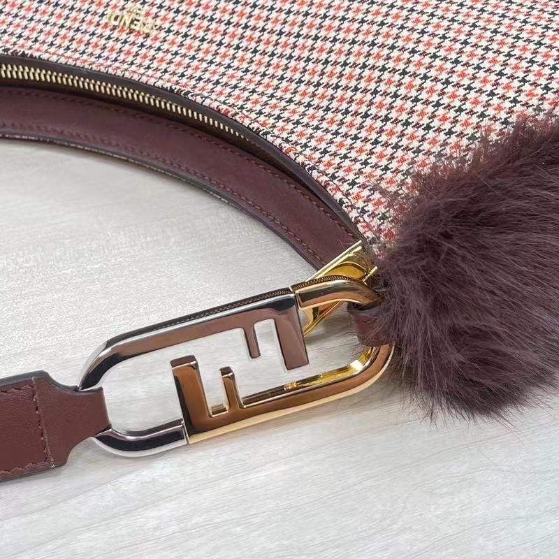 Fendi Women FF O’Lock Swing Brown Houndstooth Wool Fox Fur Pouch