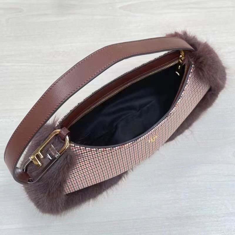 Fendi Women FF O’Lock Swing Brown Houndstooth Wool Fox Fur Pouch