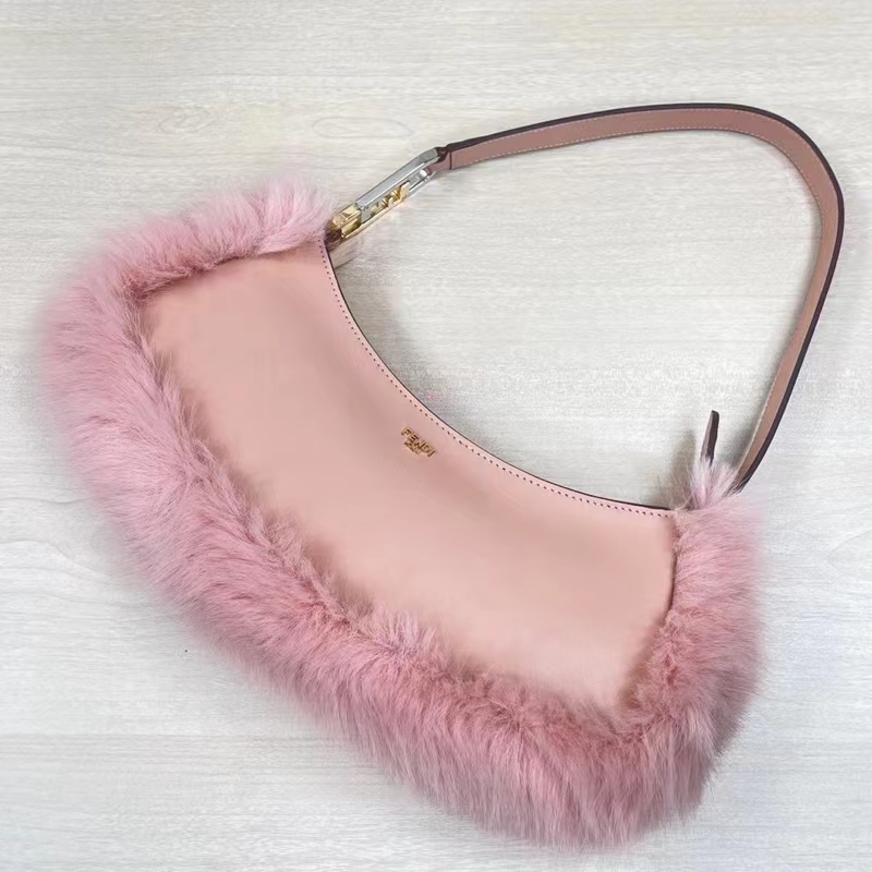 Fendi Women FF O’Lock Swing Pale Pink Leather Fox Fur Pouch