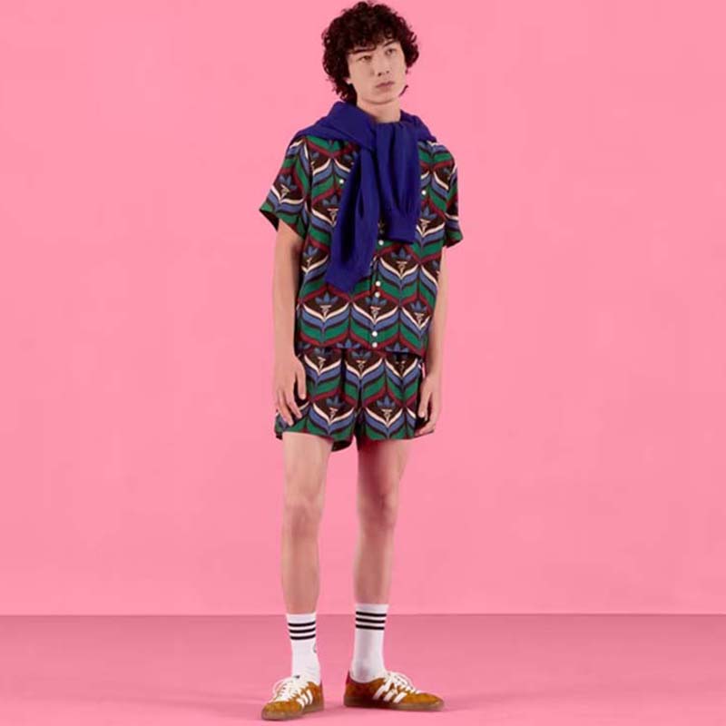 G*u*i gg men adidas x G*u*i trefoil print bowling shirt straight hem side vents viscose