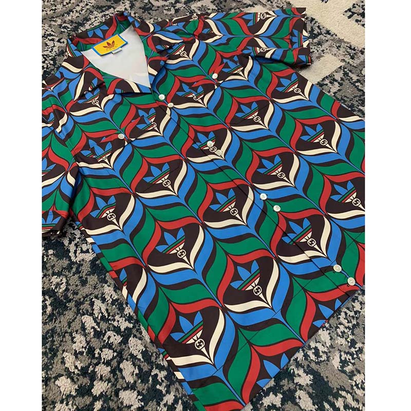 G*u*i gg men adidas x G*u*i trefoil print bowling shirt straight hem side vents viscose