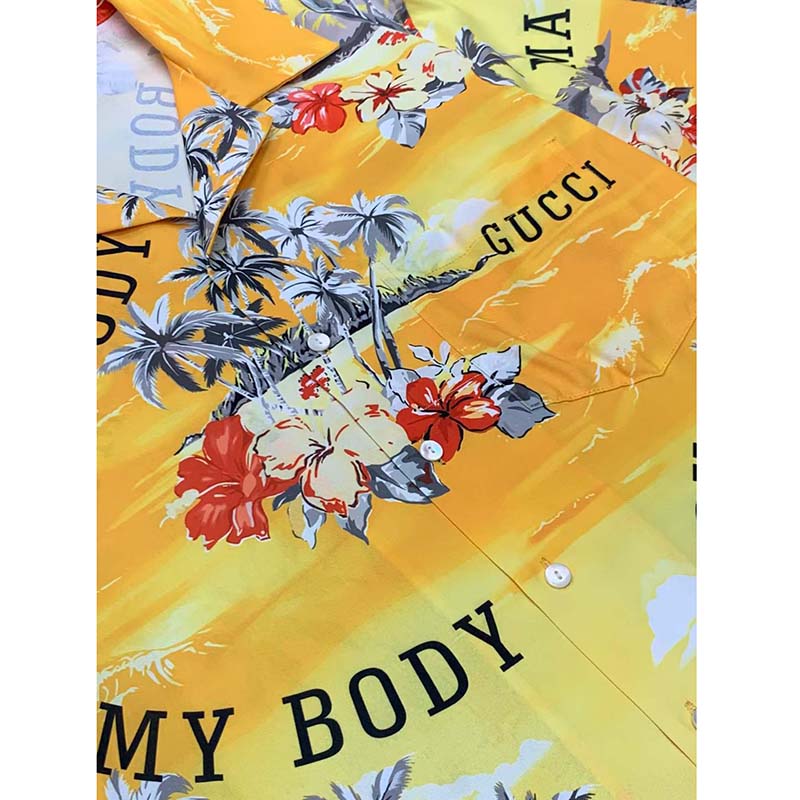 G*u*i gg women printed cotton bowling shirt yellow red poplin short sleeves