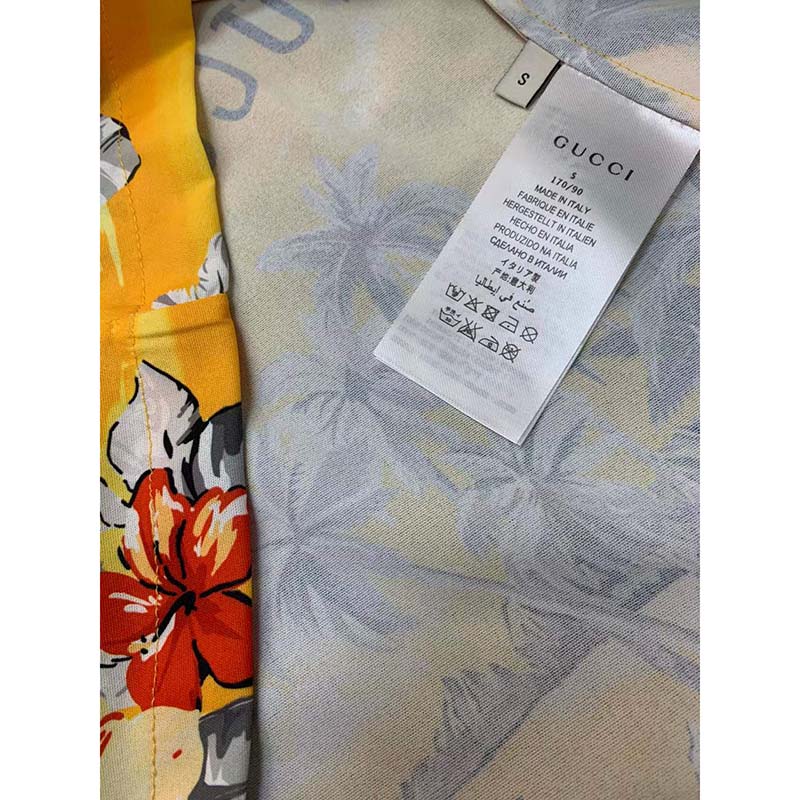 G*u*i gg women printed cotton bowling shirt yellow red poplin short sleeves